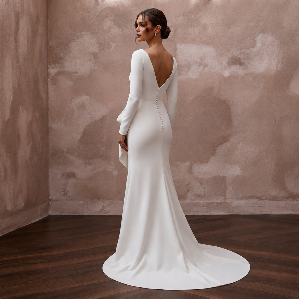 Minimalist Diamond White Stretch Crepe Gown for New Year Brunch - Apparel & Accessories > Clothing > Wedding & Bridal Party Dresses > Wedding Dresses - Mignonette Bridal