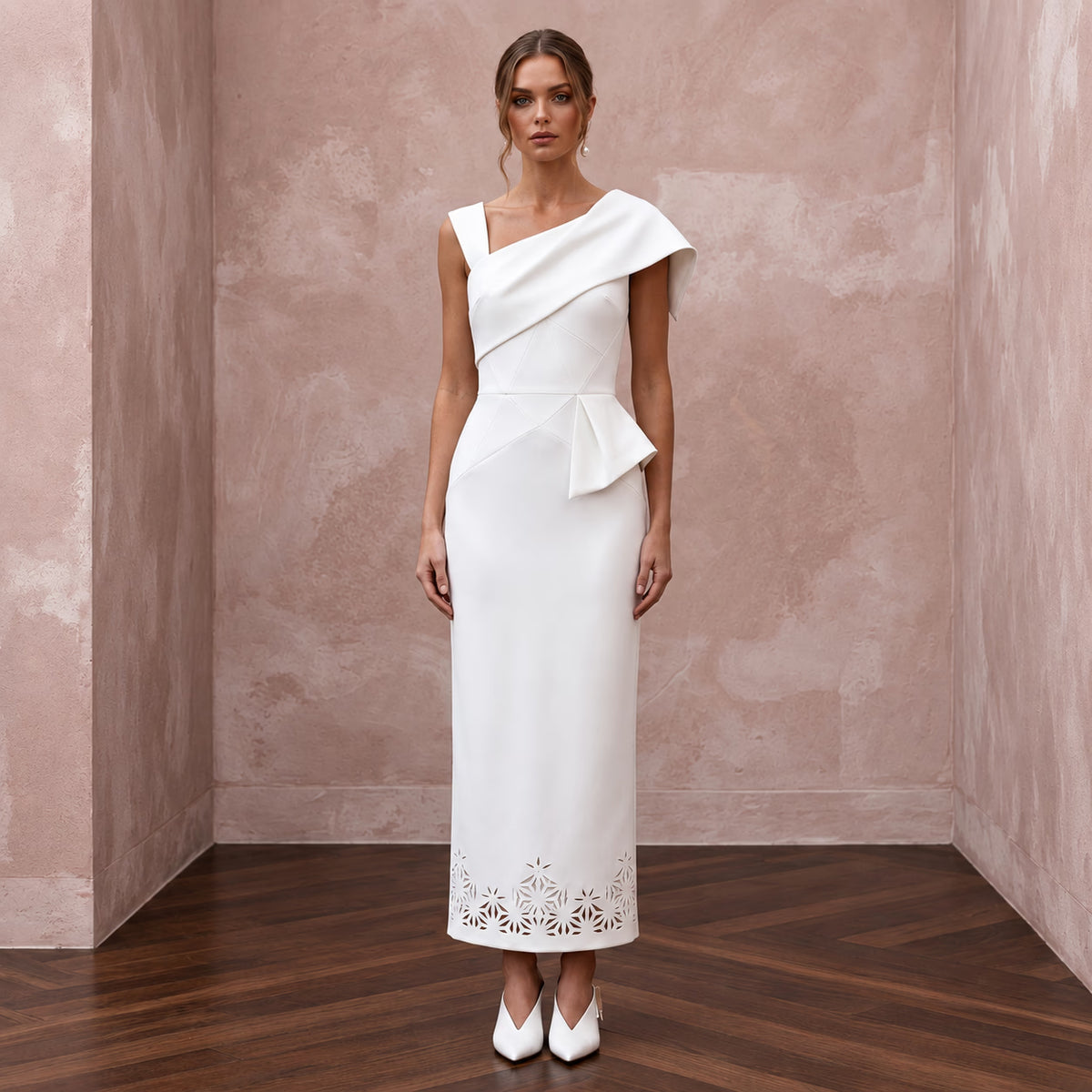 Minimalist Diamond White Stretch Crepe Wedding Dress for New Year Brunch - Apparel & Accessories > Clothing > Wedding & Bridal Party Dresses > Wedding Dresses - Mignonette Bridal