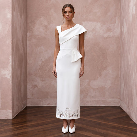 Minimalist Diamond White Stretch Crepe Wedding Dress for New Year Brunch - Apparel & Accessories > Clothing > Wedding & Bridal Party Dresses > Wedding Dresses - Mignonette Bridal