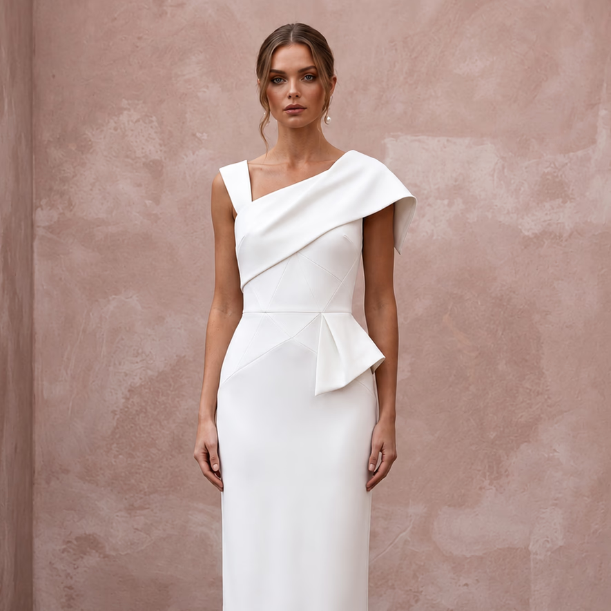 Minimalist Diamond White Stretch Crepe Wedding Dress for New Year Brunch - Apparel & Accessories > Clothing > Wedding & Bridal Party Dresses > Wedding Dresses - Mignonette Bridal