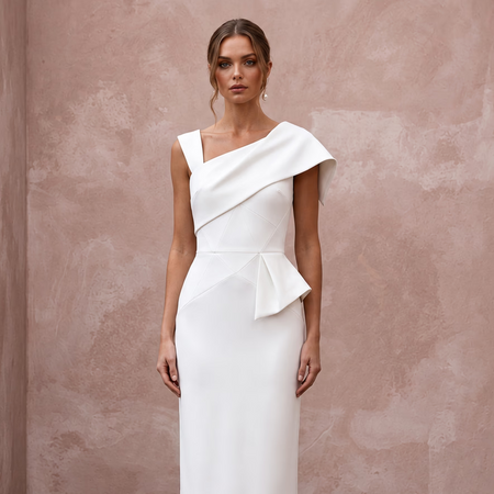 Minimalist Diamond White Stretch Crepe Wedding Dress for New Year Brunch - Apparel & Accessories > Clothing > Wedding & Bridal Party Dresses > Wedding Dresses - Mignonette Bridal