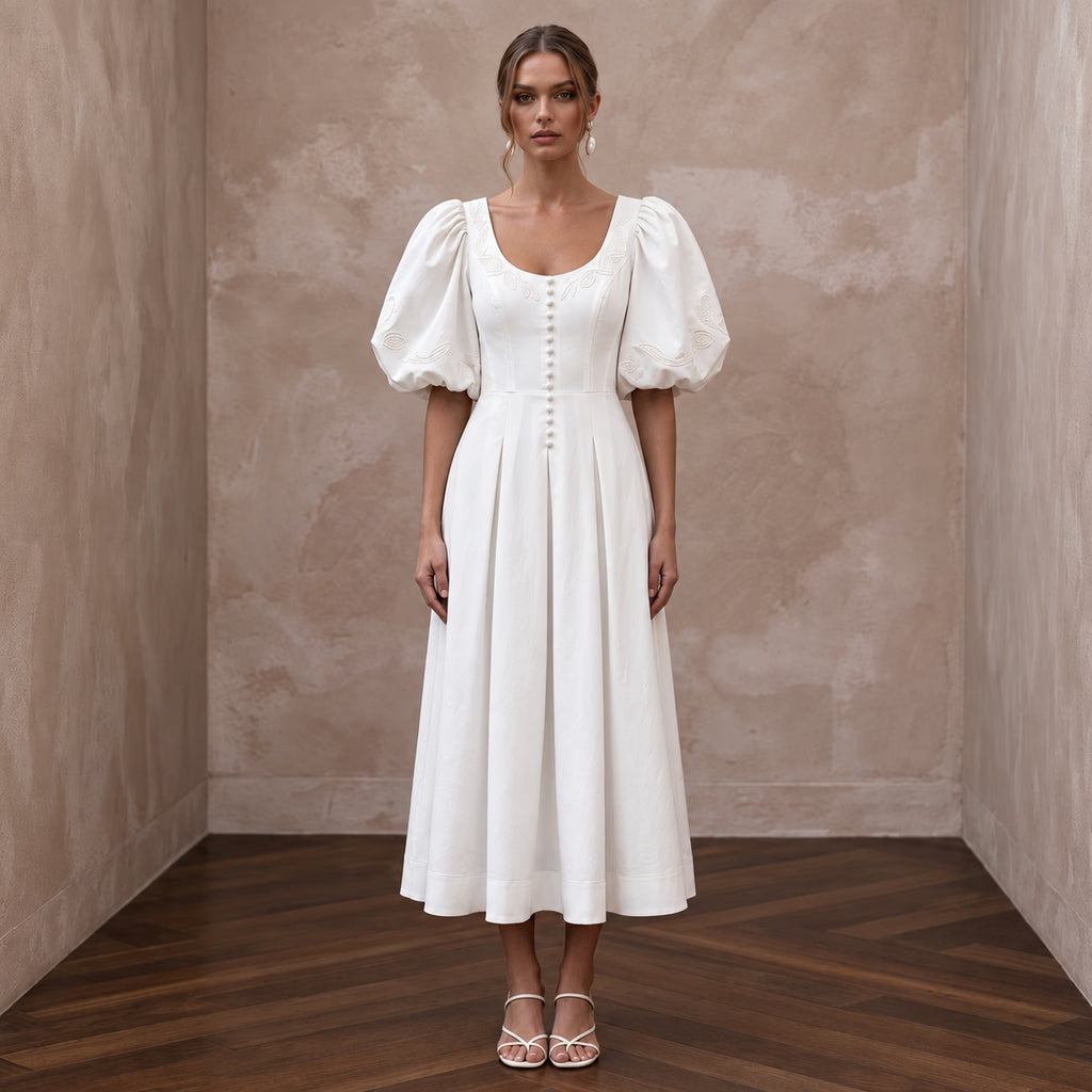 Minimalist Ivory Cotton Poplin Puff Sleeve Midi Dress for Summer Elopement - Apparel & Accessories > Clothing > Wedding & Bridal Party Dresses > Wedding Dresses - Mignonette Bridal