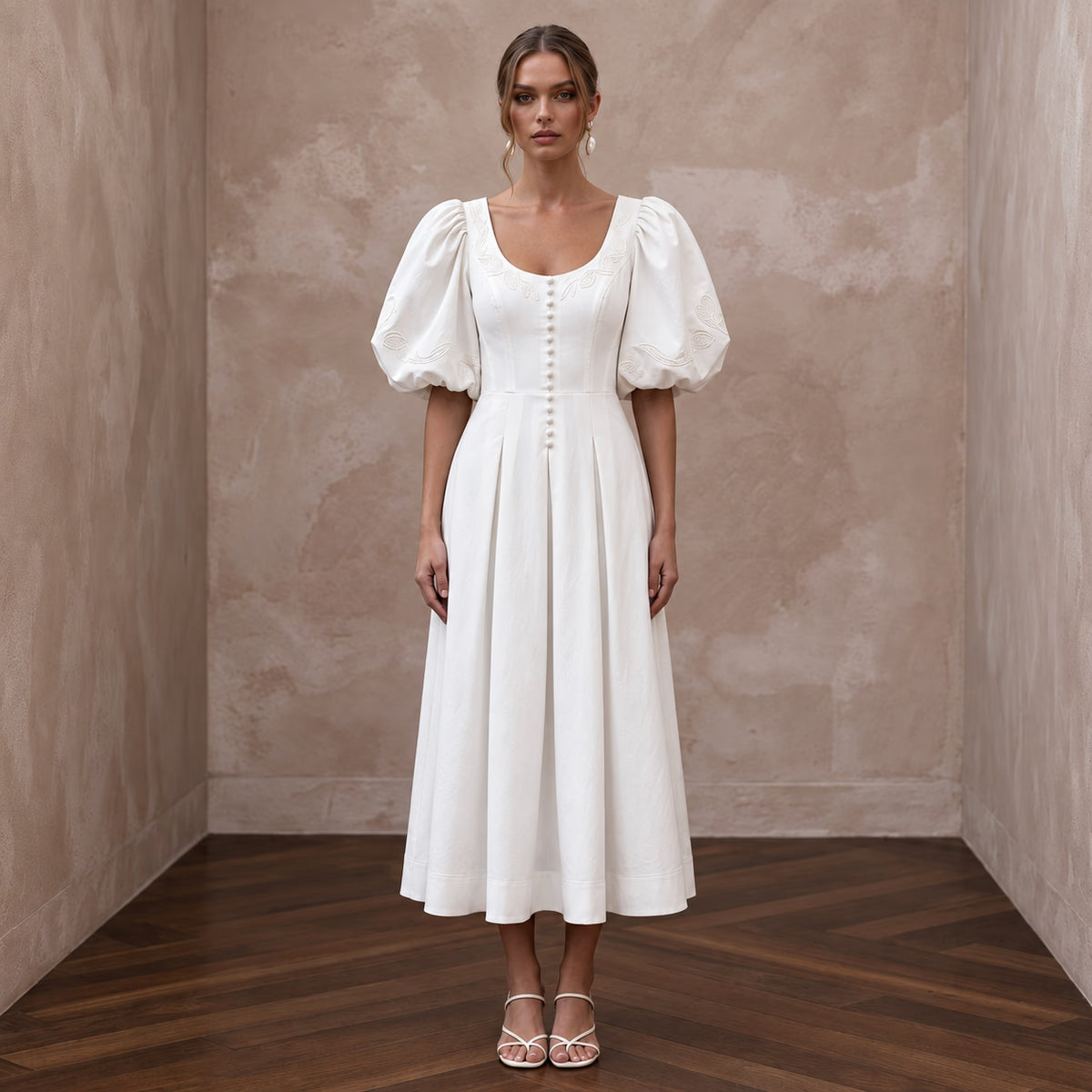 Minimalist Ivory Cotton Poplin Puff Sleeve Midi Dress for Summer Elopement - Apparel & Accessories > Clothing > Wedding & Bridal Party Dresses > Wedding Dresses - Mignonette Bridal