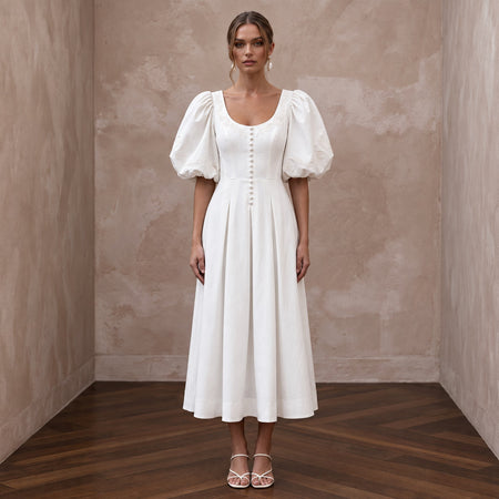 Minimalist Ivory Cotton Poplin Puff Sleeve Midi Dress for Summer Elopement - Apparel & Accessories > Clothing > Wedding & Bridal Party Dresses > Wedding Dresses - Mignonette Bridal