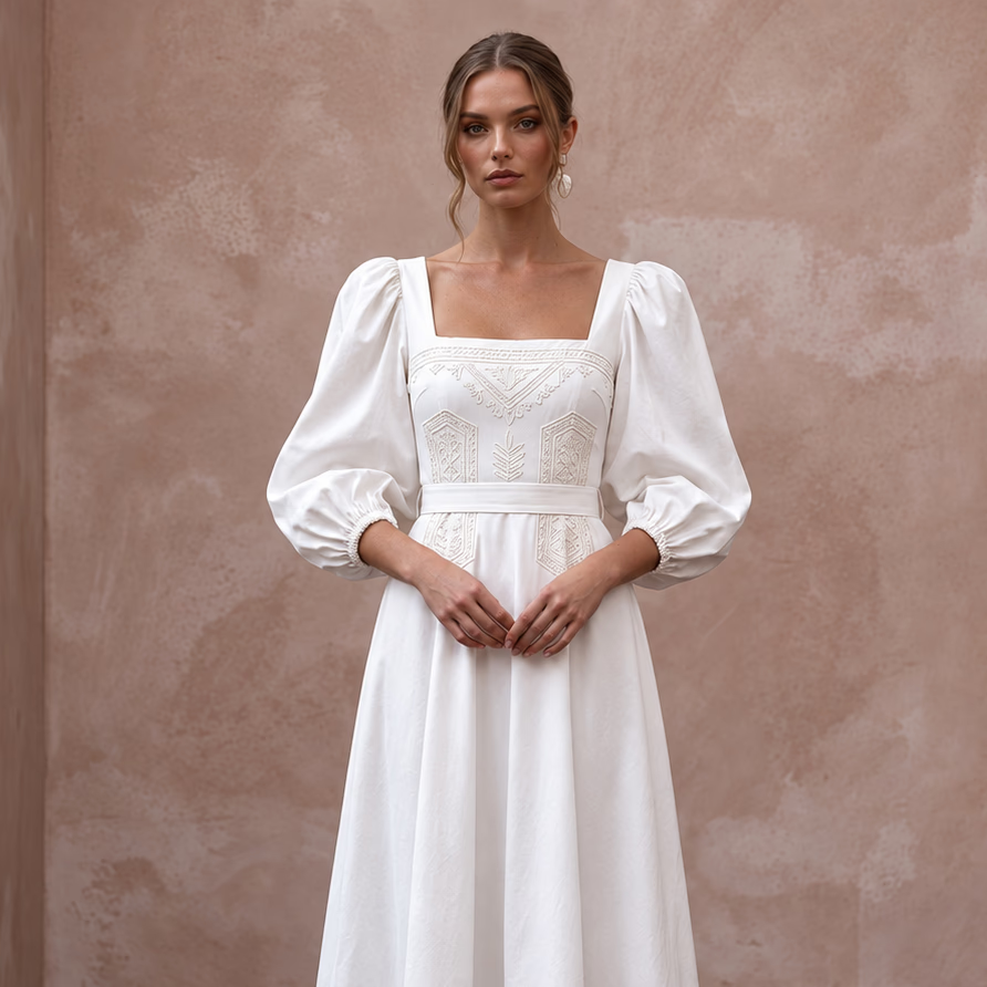 Minimalist Ivory Cotton Poplin Puff Sleeve Midi Dress for Summer Elopement
