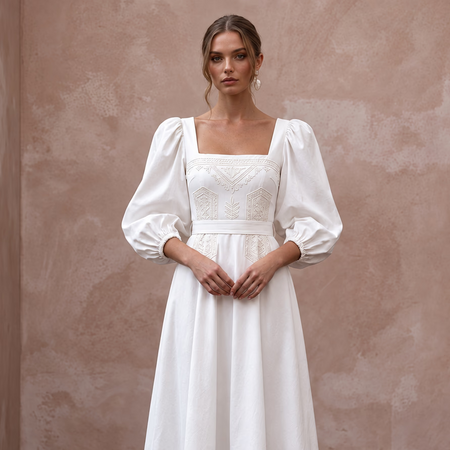 Minimalist Ivory Cotton Poplin Puff Sleeve Midi Dress for Summer Elopement