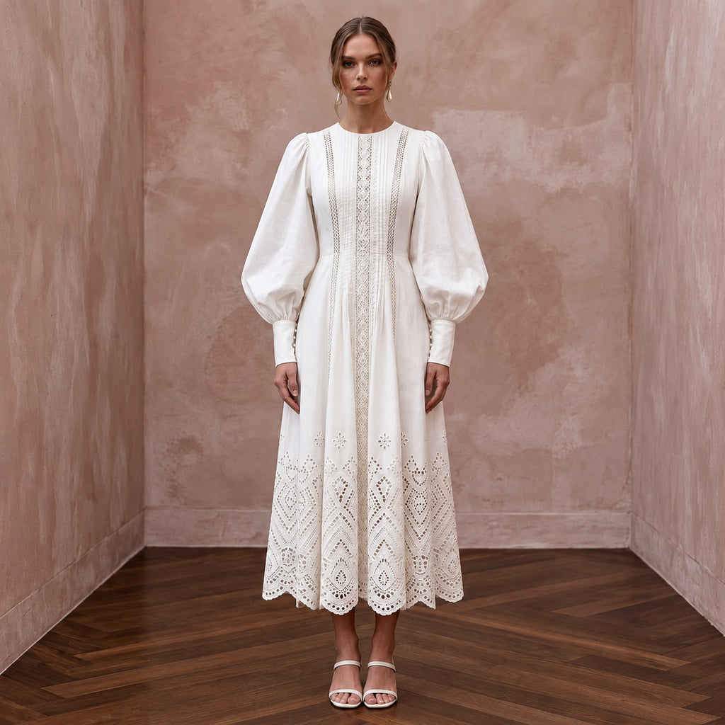 Minimalist Ivory Cotton Poplin Puff Sleeve Midi Dress for Summer Elopement