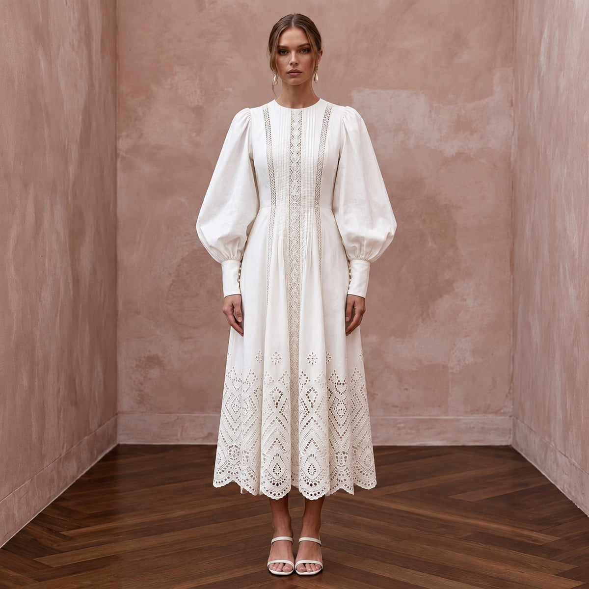 Minimalist Ivory Cotton Poplin Puff Sleeve Midi Dress for Summer Elopement