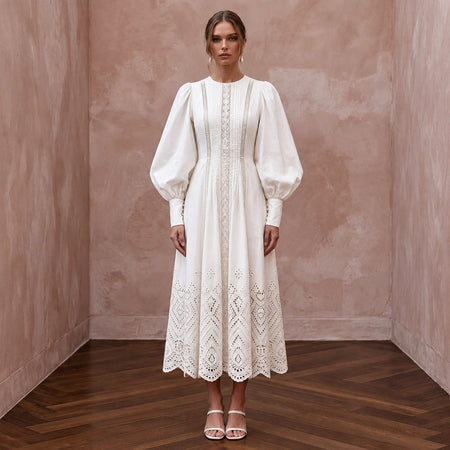 Minimalist Ivory Cotton Poplin Puff Sleeve Midi Dress for Summer Elopement