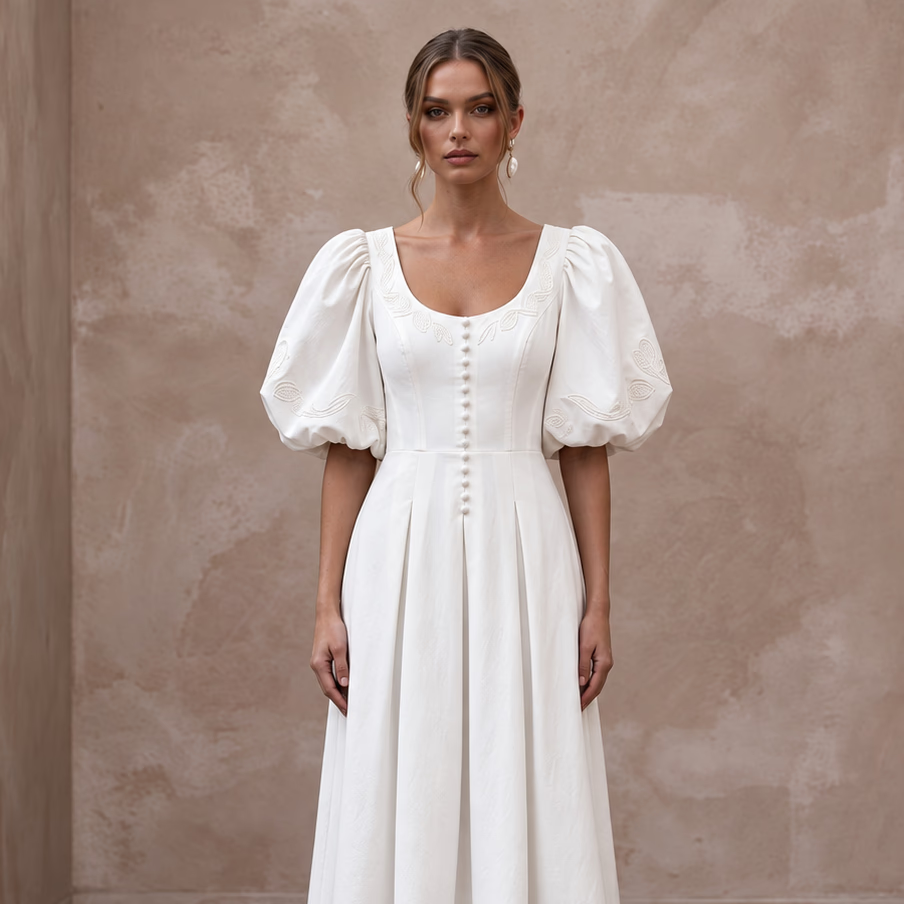 Minimalist Ivory Cotton Poplin Puff Sleeve Midi Dress for Summer Elopement - Apparel & Accessories > Clothing > Wedding & Bridal Party Dresses > Wedding Dresses - Mignonette Bridal