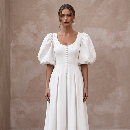 Minimalist Ivory Cotton Poplin Puff Sleeve Midi Dress for Summer Elopement - Apparel & Accessories > Clothing > Wedding & Bridal Party Dresses > Wedding Dresses - Mignonette Bridal