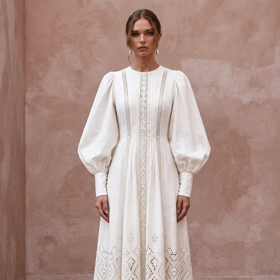 Minimalist Ivory Cotton Poplin Puff Sleeve Midi Dress for Summer Elopement