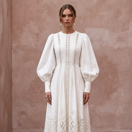 Minimalist Ivory Cotton Poplin Puff Sleeve Midi Dress for Summer Elopement
