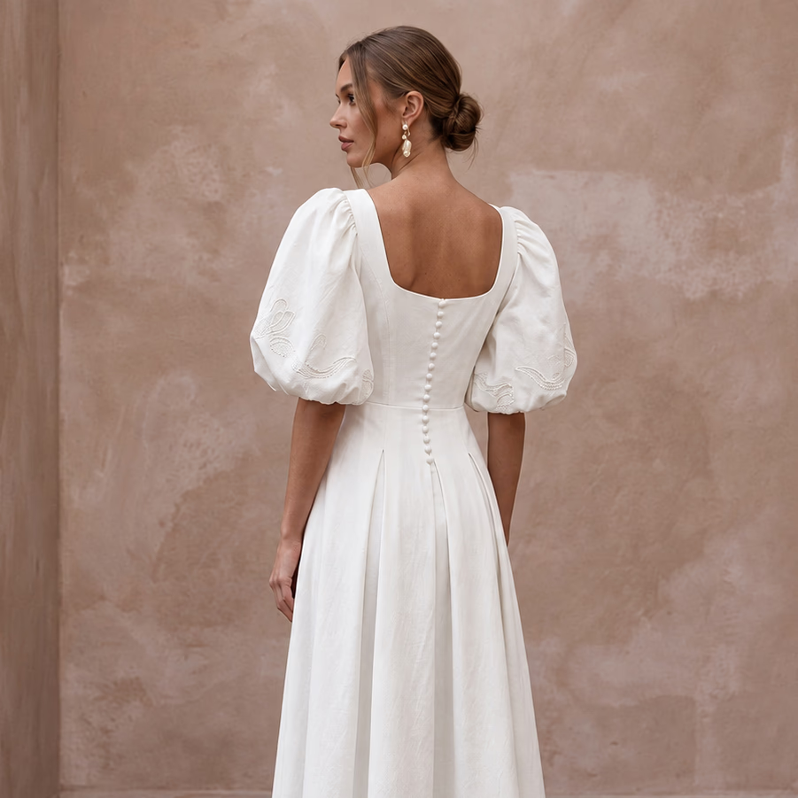 Minimalist Ivory Cotton Poplin Puff Sleeve Midi Dress for Summer Elopement - Apparel & Accessories > Clothing > Wedding & Bridal Party Dresses > Wedding Dresses - Mignonette Bridal