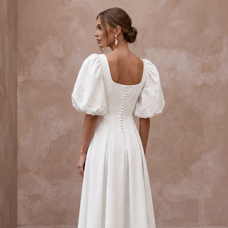 Minimalist Ivory Cotton Poplin Puff Sleeve Midi Dress for Summer Elopement - Apparel & Accessories > Clothing > Wedding & Bridal Party Dresses > Wedding Dresses - Mignonette Bridal