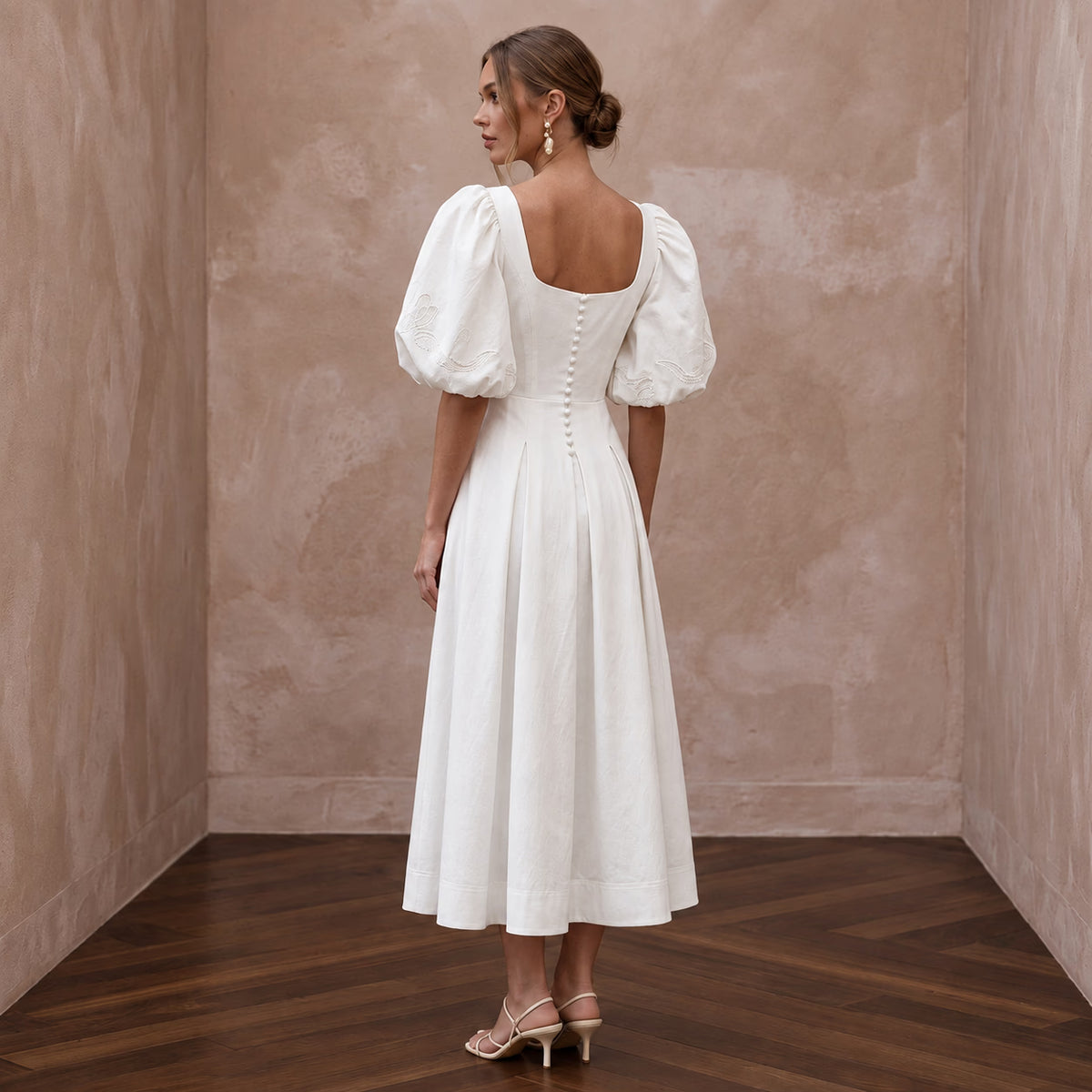 Minimalist Ivory Cotton Poplin Puff Sleeve Midi Dress for Summer Elopement - Apparel & Accessories > Clothing > Wedding & Bridal Party Dresses > Wedding Dresses - Mignonette Bridal