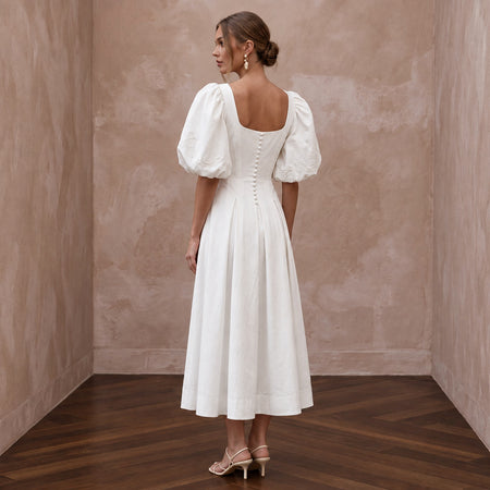 Minimalist Ivory Cotton Poplin Puff Sleeve Midi Dress for Summer Elopement - Apparel & Accessories > Clothing > Wedding & Bridal Party Dresses > Wedding Dresses - Mignonette Bridal