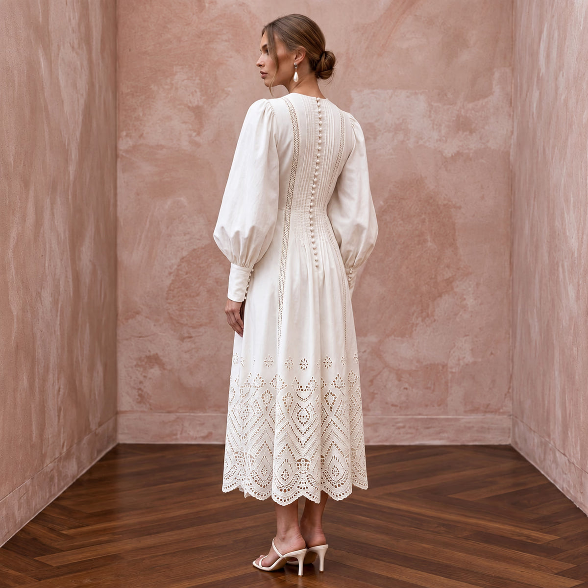 Minimalist Ivory Cotton Poplin Puff Sleeve Midi Dress for Summer Elopement