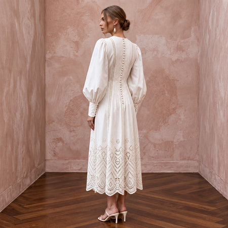 Minimalist Ivory Cotton Poplin Puff Sleeve Midi Dress for Summer Elopement