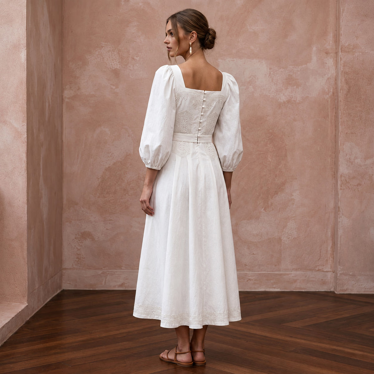 Minimalist Ivory Cotton Poplin Puff Sleeve Midi Dress for Summer Elopement