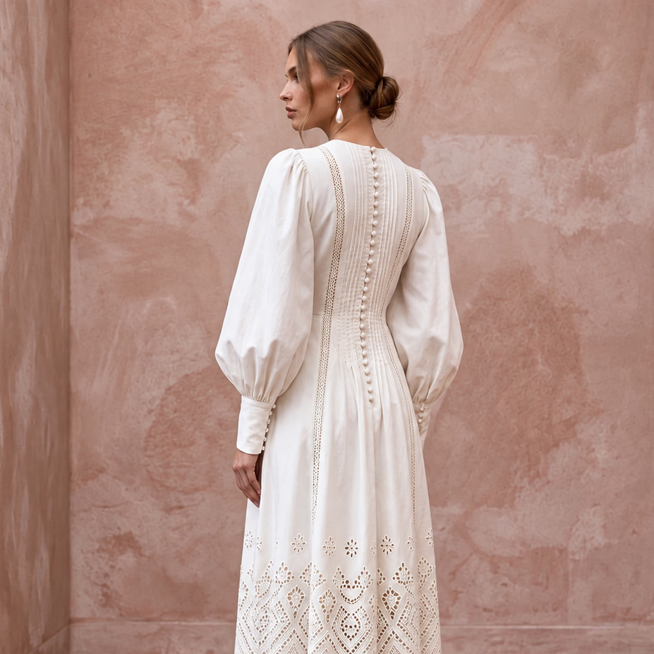 Minimalist Ivory Cotton Poplin Puff Sleeve Midi Dress for Summer Elopement