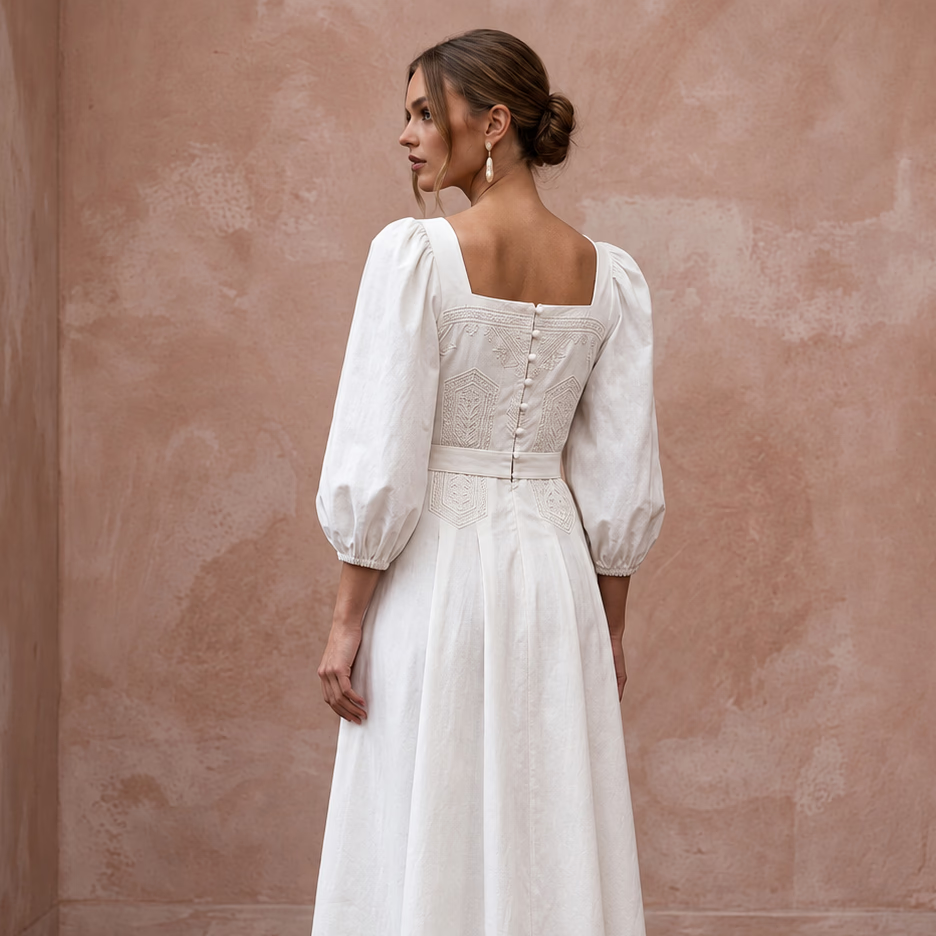 Minimalist Ivory Cotton Poplin Puff Sleeve Midi Dress for Summer Elopement