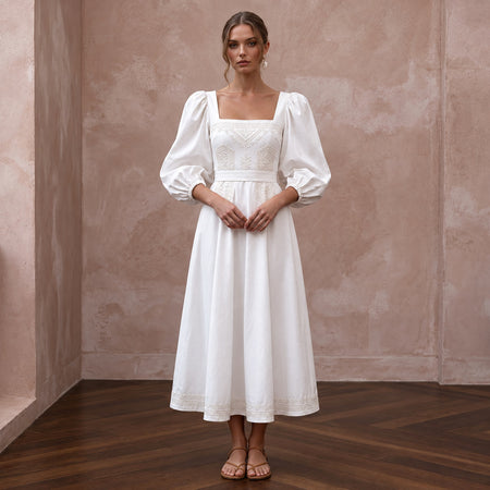 Minimalist Ivory Cotton Poplin Puff Sleeve Midi Dress for Summer Elopement