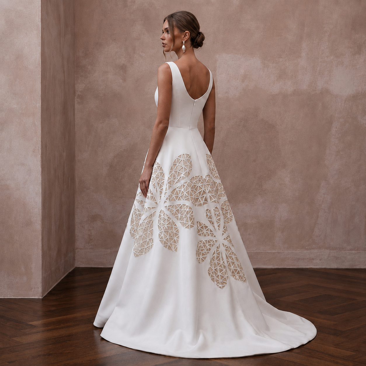 Minimalist Ivory Crepe A-Line Wedding Gown for Post-Covid Reception