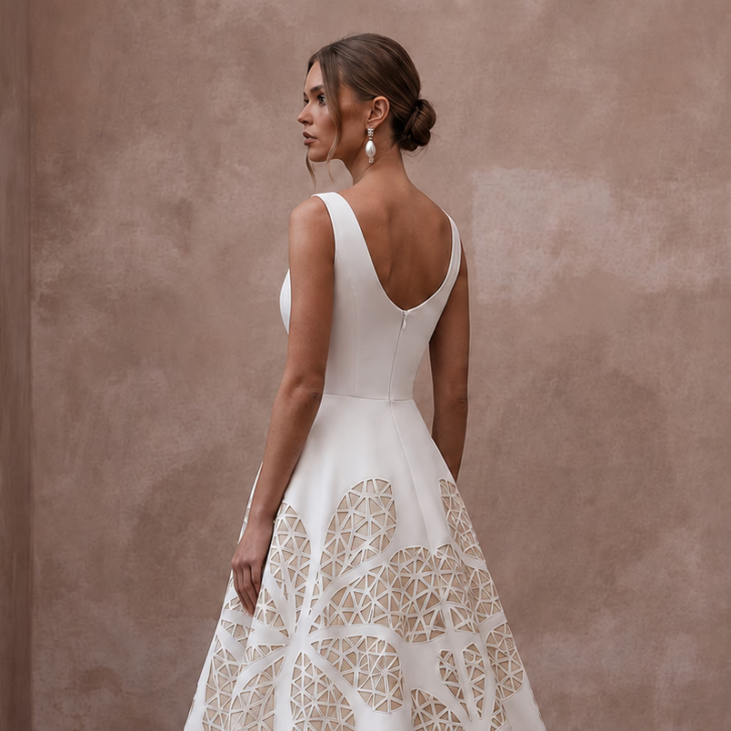 Minimalist Ivory Crepe A - Line Wedding Gown for Post - Covid Reception - Apparel & Accessories > Clothing > Wedding & Bridal Party Dresses > Wedding Dresses - Mignonette Bridal