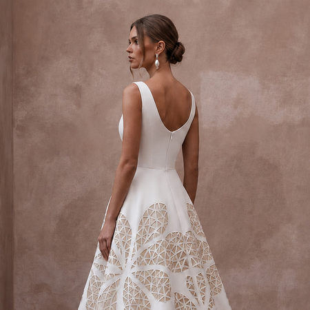 Minimalist Ivory Crepe A - Line Wedding Gown for Post - Covid Reception - Apparel & Accessories > Clothing > Wedding & Bridal Party Dresses > Wedding Dresses - Mignonette Bridal