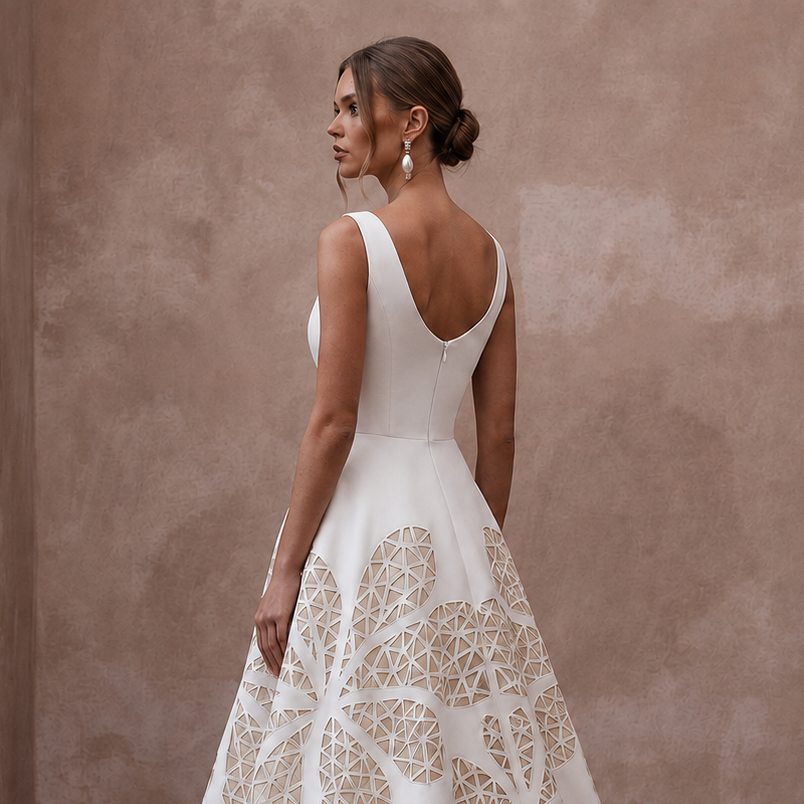 Minimalist Ivory Crepe A-Line Wedding Gown for Post-Covid Reception