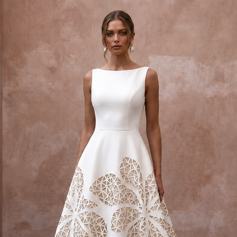Minimalist Ivory Crepe A-Line Wedding Gown for Post-Covid Reception