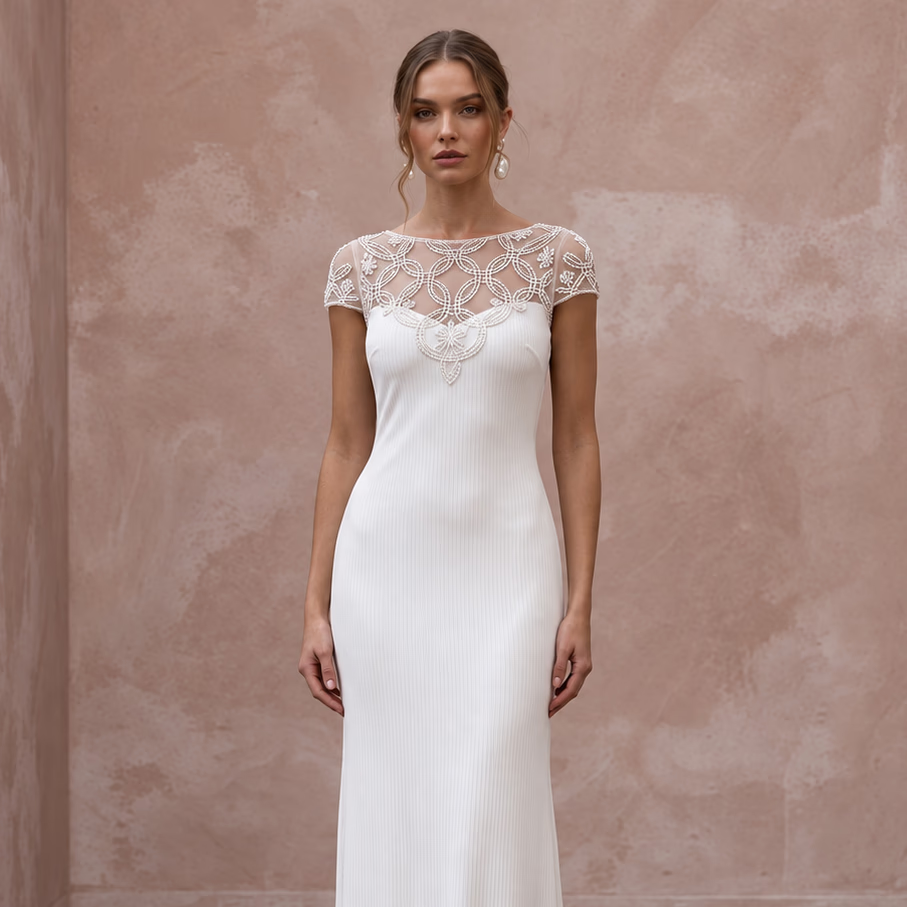 Minimalist Ivory Jersey Stretch Column Gown for City Hall Union