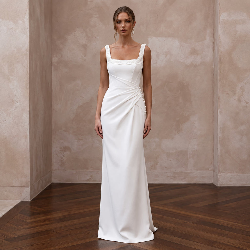 Minimalist Ivory Matte Crepe Square Neck Column Bridal Dress for Courthouse Wedding