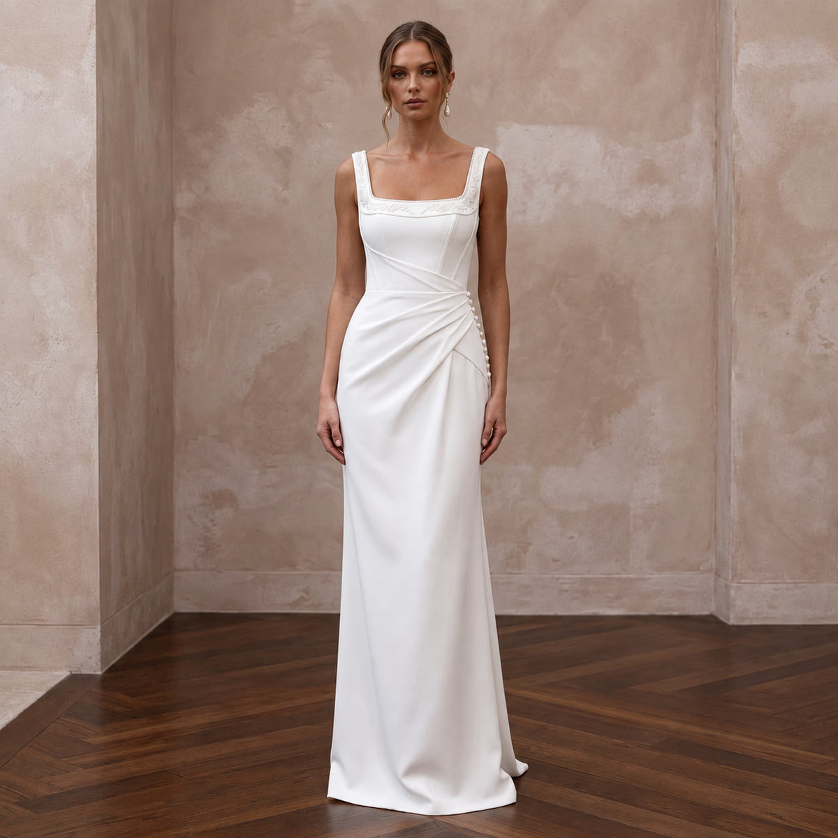 Minimalist Ivory Matte Crepe Square Neck Column Bridal Dress for Courthouse Wedding
