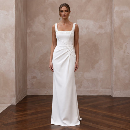 Minimalist Ivory Matte Crepe Square Neck Column Bridal Dress for Courthouse Wedding