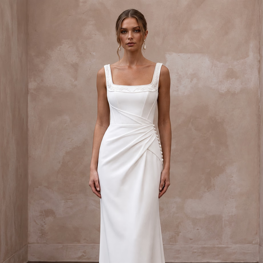 Minimalist Ivory Matte Crepe Square Neck Column Bridal Dress for Courthouse Wedding