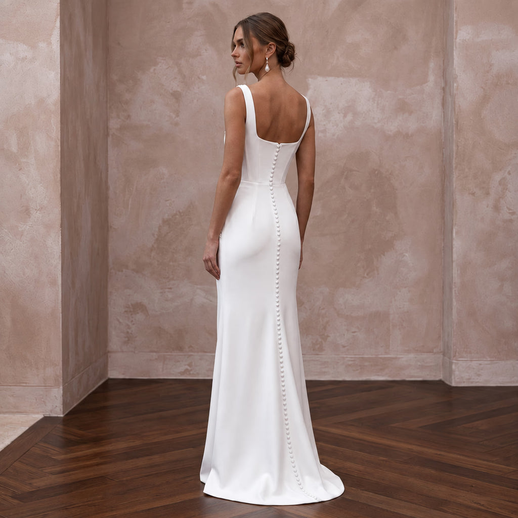 Minimalist Ivory Matte Crepe Square Neck Column Bridal Dress for Courthouse Wedding