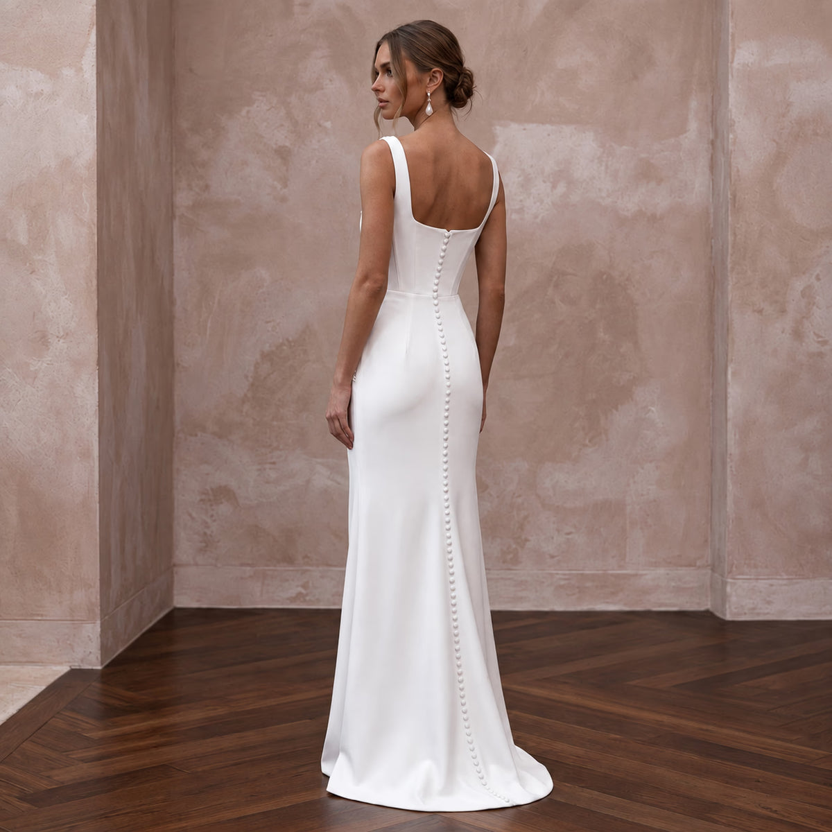 Minimalist Ivory Matte Crepe Square Neck Column Bridal Dress for Courthouse Wedding