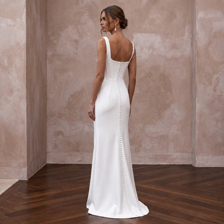 Minimalist Ivory Matte Crepe Square Neck Column Bridal Dress for Courthouse Wedding