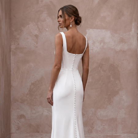 Minimalist Ivory Matte Crepe Square Neck Column Bridal Dress for Courthouse Wedding