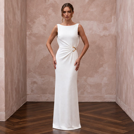 Minimalist Ivory Matte Jersey Cowl Back Sheath Dress