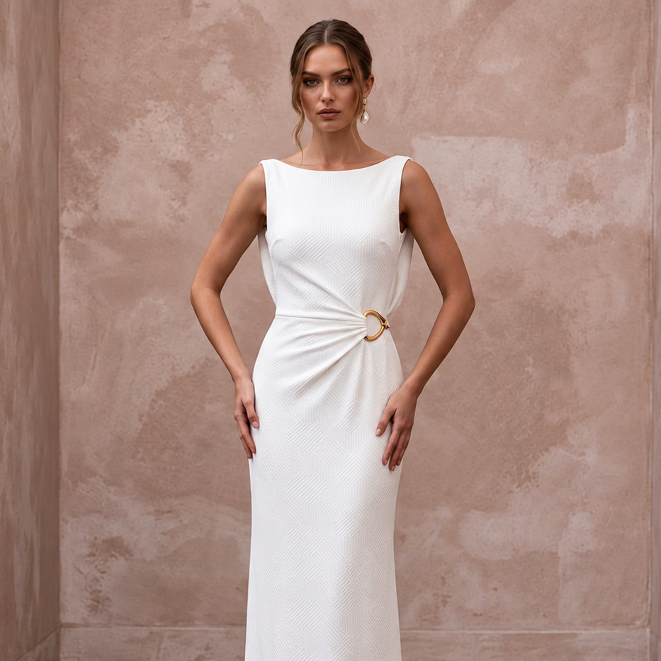 Minimalist Ivory Matte Jersey Cowl Back Sheath Dress