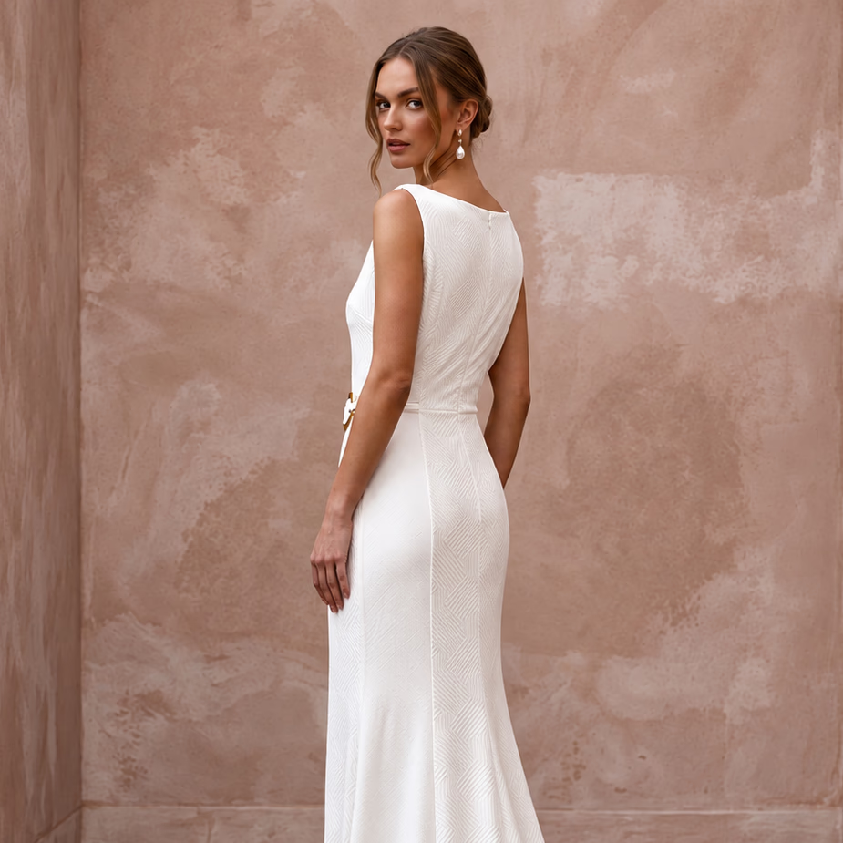 Minimalist Ivory Matte Jersey Cowl Back Sheath Dress