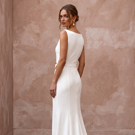 Minimalist Ivory Matte Jersey Cowl Back Sheath Dress