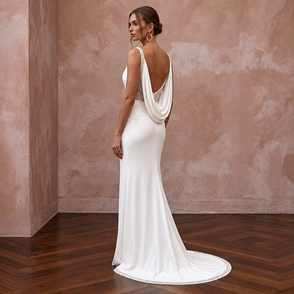 Minimalist Ivory Matte Jersey Cowl Back Sheath Dress