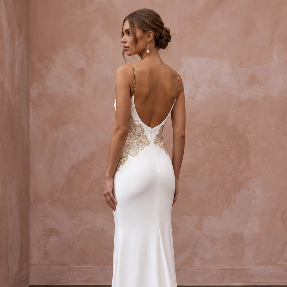 Minimalist ivory matte jersey sheath dress with a cowl back and elegant gold embellishments. Perfect for special occasions.