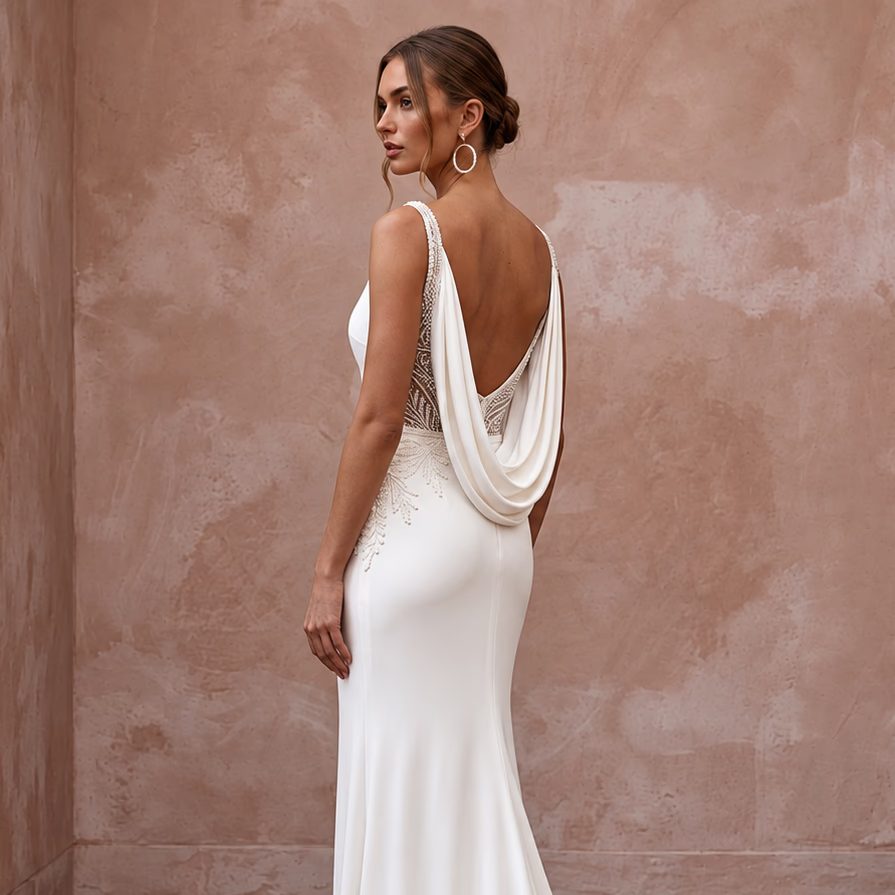 Minimalist Ivory Matte Jersey Cowl Back Sheath Dress