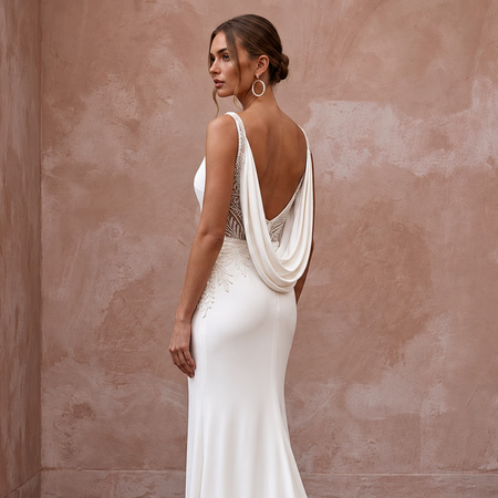 Minimalist Ivory Matte Jersey Cowl Back Sheath Dress