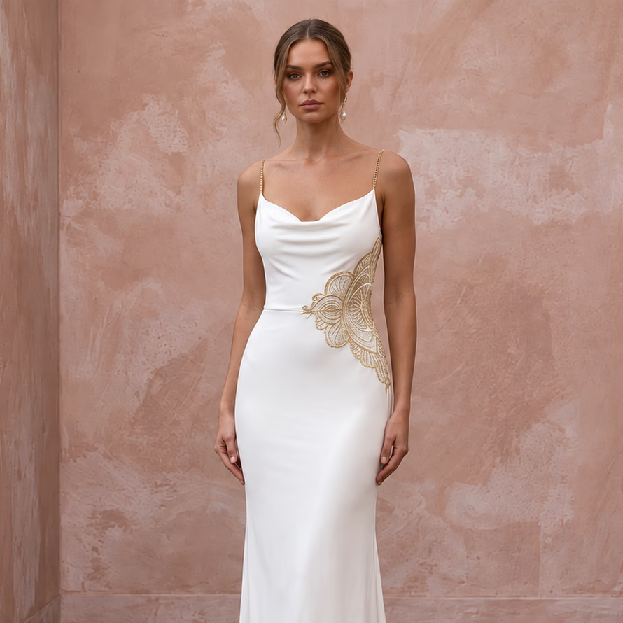 Minimalist ivory matte jersey sheath dress with cowl back and intricate gold embroidery detail. Elegant and chic design.